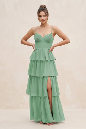 Cami Strap Tiered A - Line Chiffon Bridesmaid Dress in Sea Glass - KissProm Bridesmaid Dresses