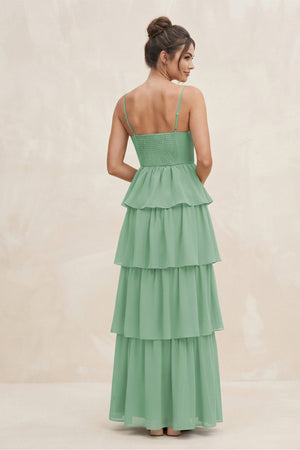 Cami Strap Tiered A - Line Chiffon Bridesmaid Dress in Sea Glass - KissProm Bridesmaid Dresses