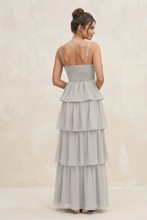 Cami Strap Tiered A - Line Chiffon Bridesmaid Dress in Silver - KissProm Bridesmaid Dresses