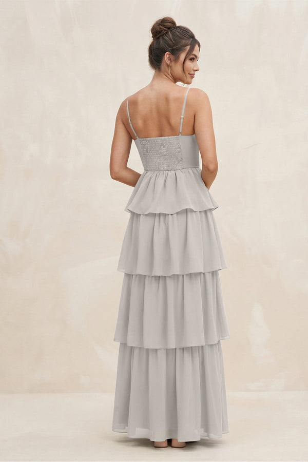 Cami Strap Tiered A - Line Chiffon Bridesmaid Dress in Silver - KissProm Bridesmaid Dresses