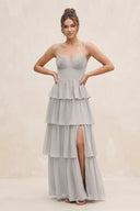 Cami Strap Tiered A - Line Chiffon Bridesmaid Dress in Silver - KissProm Bridesmaid Dresses
