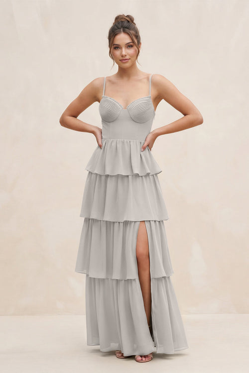 Cami Strap Tiered A - Line Chiffon Bridesmaid Dress in Silver - KissProm Bridesmaid Dresses