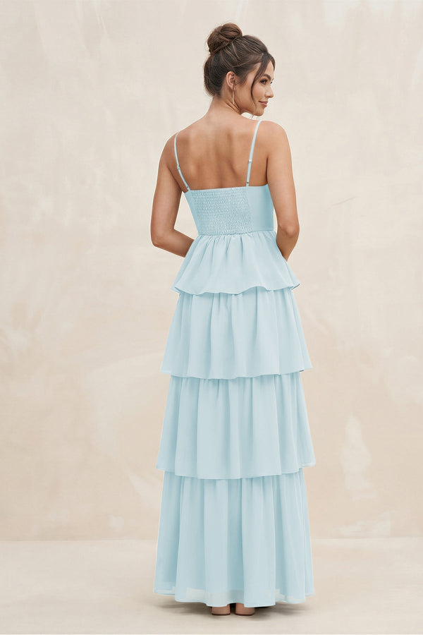 Cami Strap Tiered A - Line Chiffon Bridesmaid Dress in Sky Blue - KissProm Bridesmaid Dresses