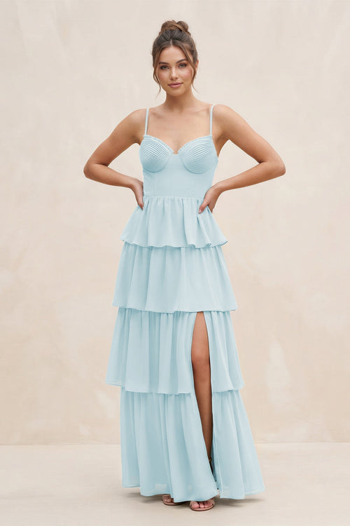 Cami Strap Tiered A - Line Chiffon Bridesmaid Dress in Sky Blue - KissProm Bridesmaid Dresses