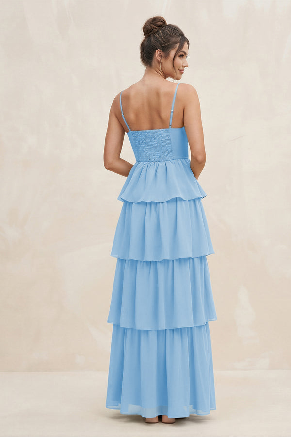 Cami Strap Tiered A - Line Chiffon Bridesmaid Dress in Steel Blue - KissProm Bridesmaid Dresses