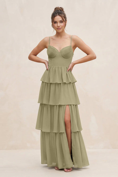 Cami Strap Tiered A - Line Chiffon Bridesmaid Dress in Thyme - KissProm Bridesmaid Dresses