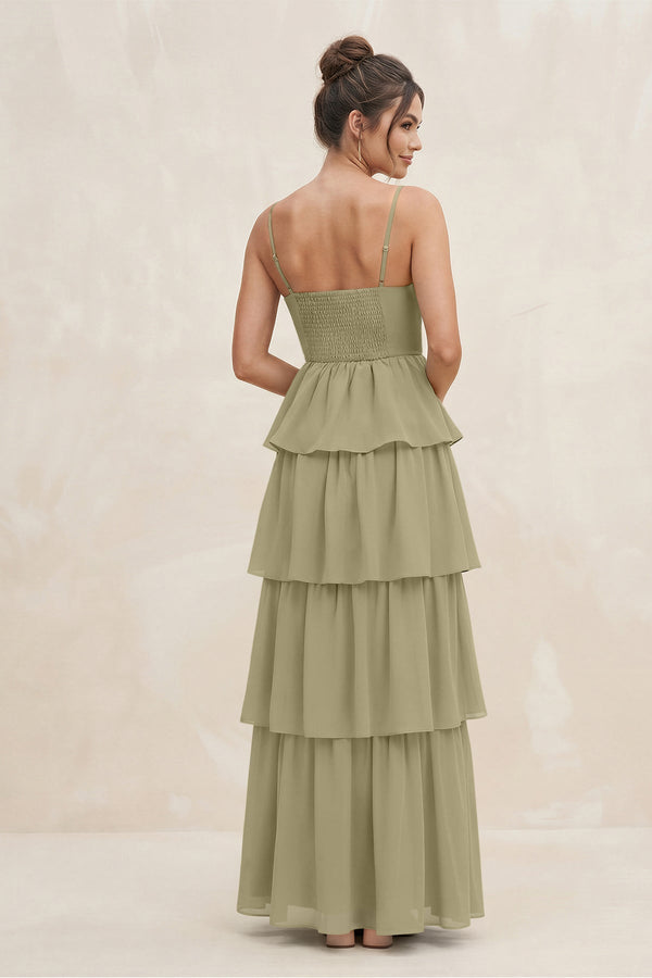Cami Strap Tiered A - Line Chiffon Bridesmaid Dress in Thyme - KissProm Bridesmaid Dresses