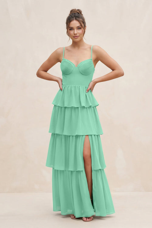 Cami Strap Tiered A - Line Chiffon Bridesmaid Dress in Turquoise - KissProm Bridesmaid Dresses