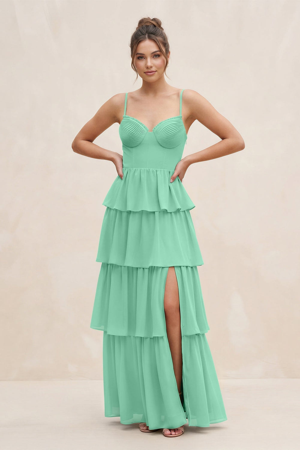 Cami Strap Tiered A - Line Chiffon Bridesmaid Dress in Turquoise - KissProm Bridesmaid Dresses