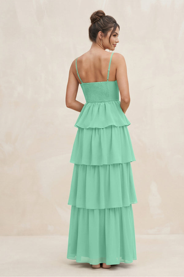 Cami Strap Tiered A - Line Chiffon Bridesmaid Dress in Turquoise - KissProm Bridesmaid Dresses