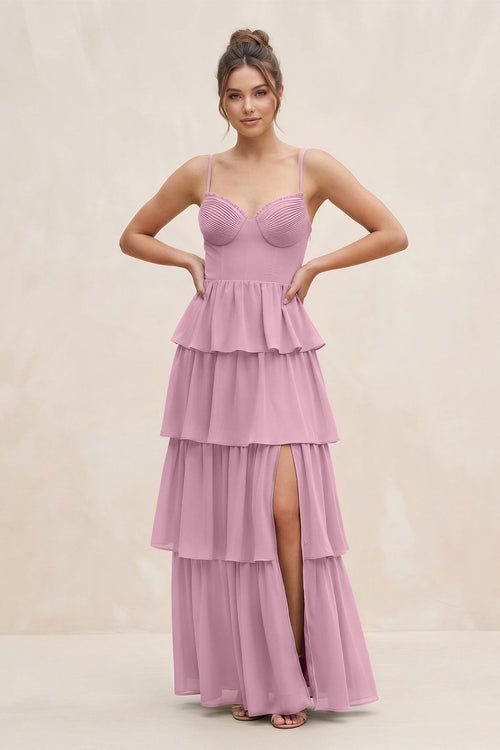 Cami Strap Tiered A - Line Chiffon Bridesmaid Dress in Vintage Mauve - KissProm Bridesmaid Dresses