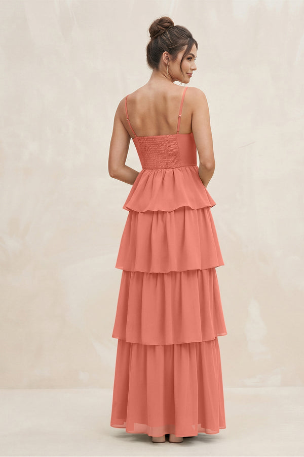 Cami Strap Tiered A - Line Chiffon Bridesmaid Dress in Wild Rose - KissProm Bridesmaid Dresses