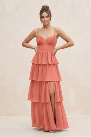 Cami Strap Tiered A - Line Chiffon Bridesmaid Dress in Wild Rose - KissProm Bridesmaid Dresses