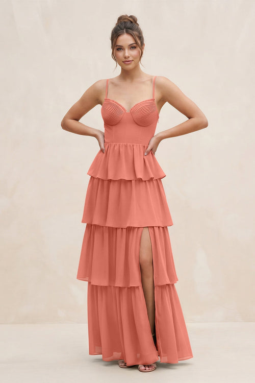 Cami Strap Tiered A - Line Chiffon Bridesmaid Dress in Wild Rose - KissProm Bridesmaid Dresses