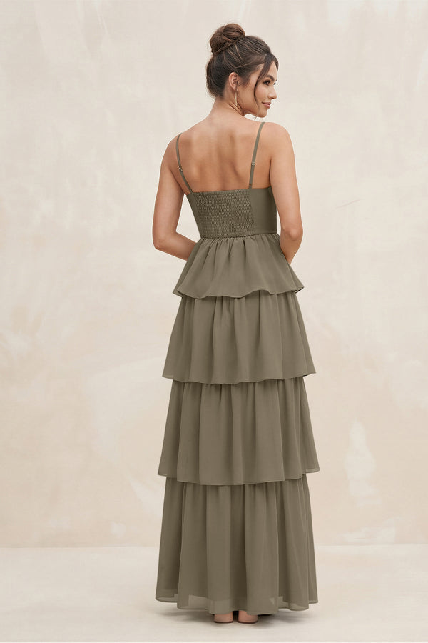 Cami Strap Tiered A - Line Chiffon Bridesmaid Dress in Willow Green - KissProm Bridesmaid Dresses