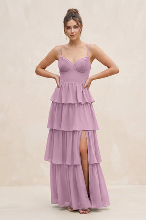 Cami Strap Tiered A - Line Chiffon Bridesmaid Dress in Wisteria - KissProm Bridesmaid Dresses