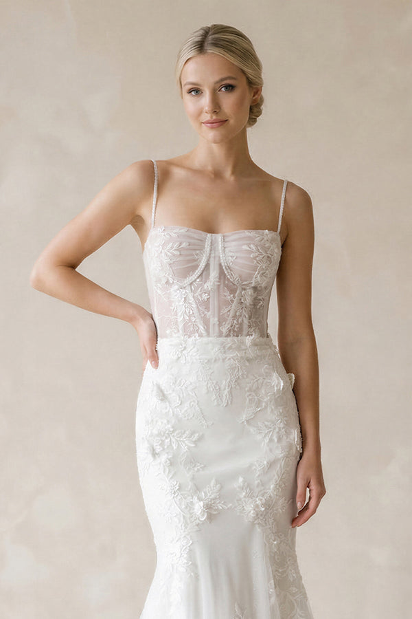 Cami Straps Mermaid Tulle Appliqued Wedding Dress in White - KissProm Wedding Dresses