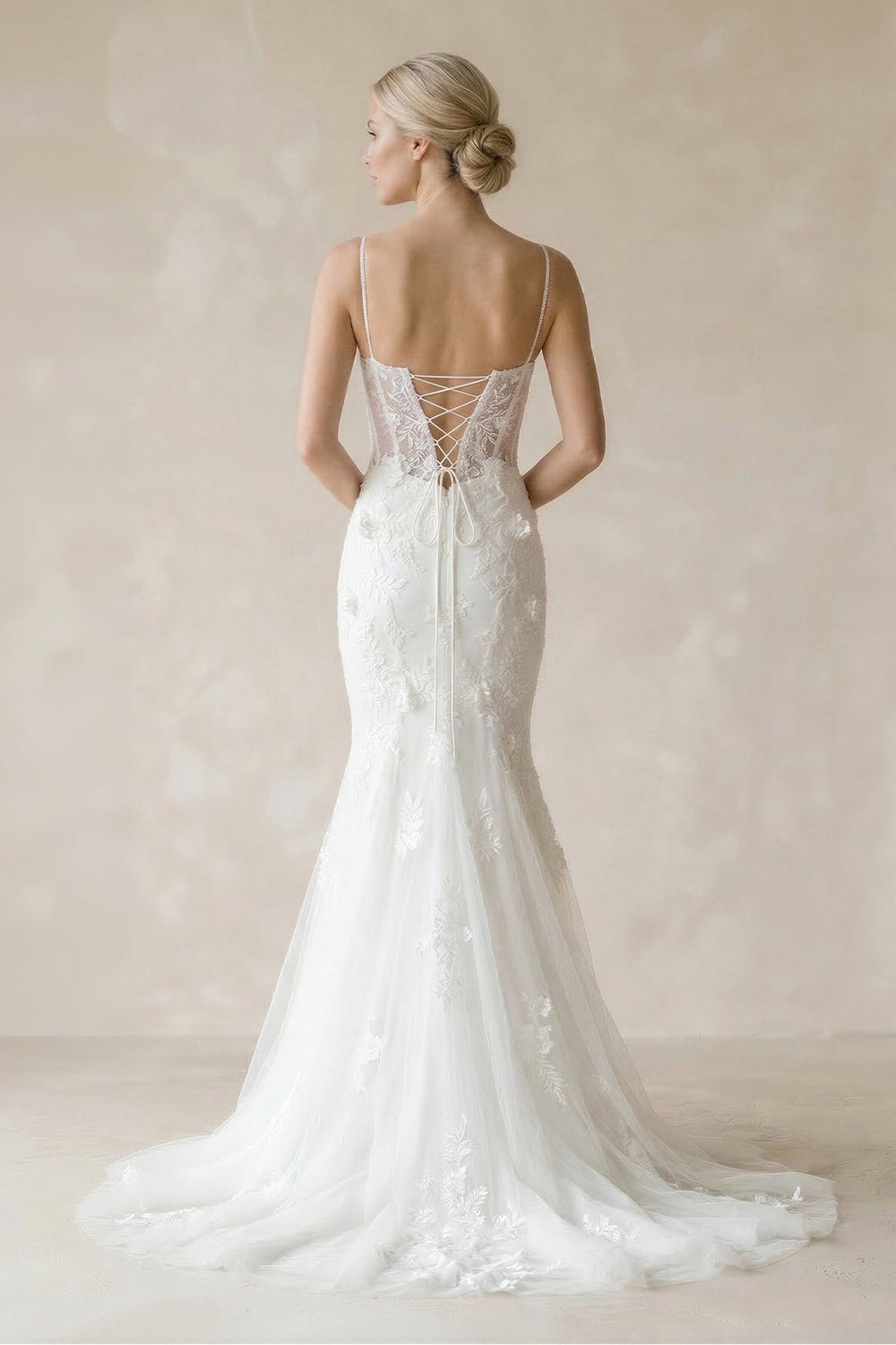 Cami Straps Mermaid Tulle Appliqued Wedding Dress in White - KissProm Wedding Dresses