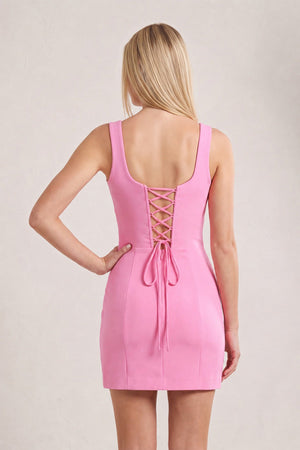 Candy Pink 3D Flower Square Neck Sheath Satin Homecoming Dress | KISSPROM