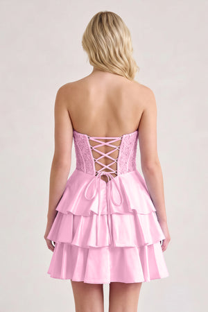Candy Pink A Line Satin Corset Ruffled Sweetheart Homecoming Dresses with Beads (2) | KISSPROM