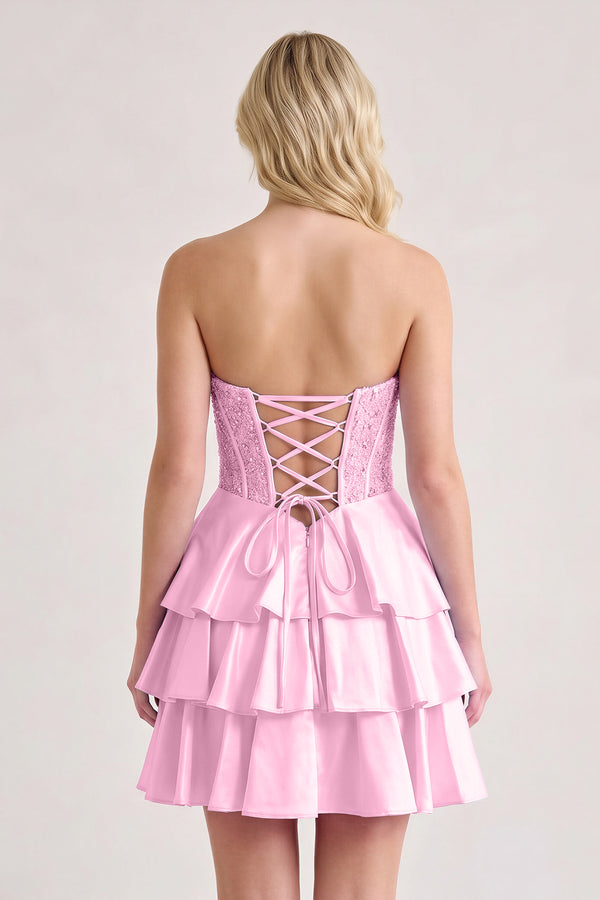 Candy Pink A Line Satin Corset Ruffled Sweetheart Homecoming Dresses with Beads (2) | KISSPROM