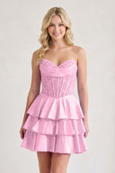Candy Pink A Line Satin Corset Ruffled Sweetheart Homecoming Dresses with Beads | KISSPROM