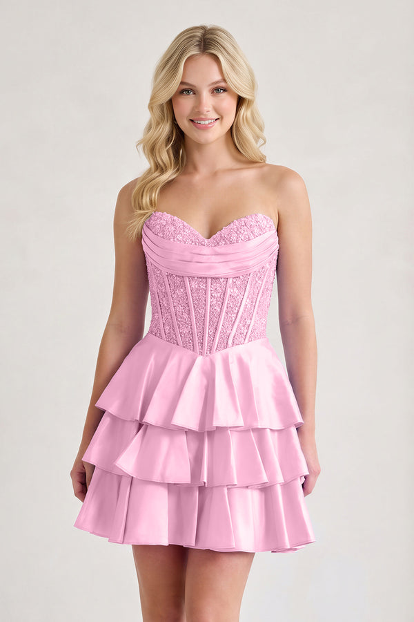 Candy Pink A Line Satin Corset Ruffled Sweetheart Homecoming Dresses with Beads | KISSPROM