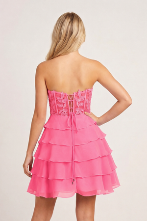 Candy Pink A-Line Strapless Tiered Corset Short Homecoming Dress with Appliques - KISSPROM
