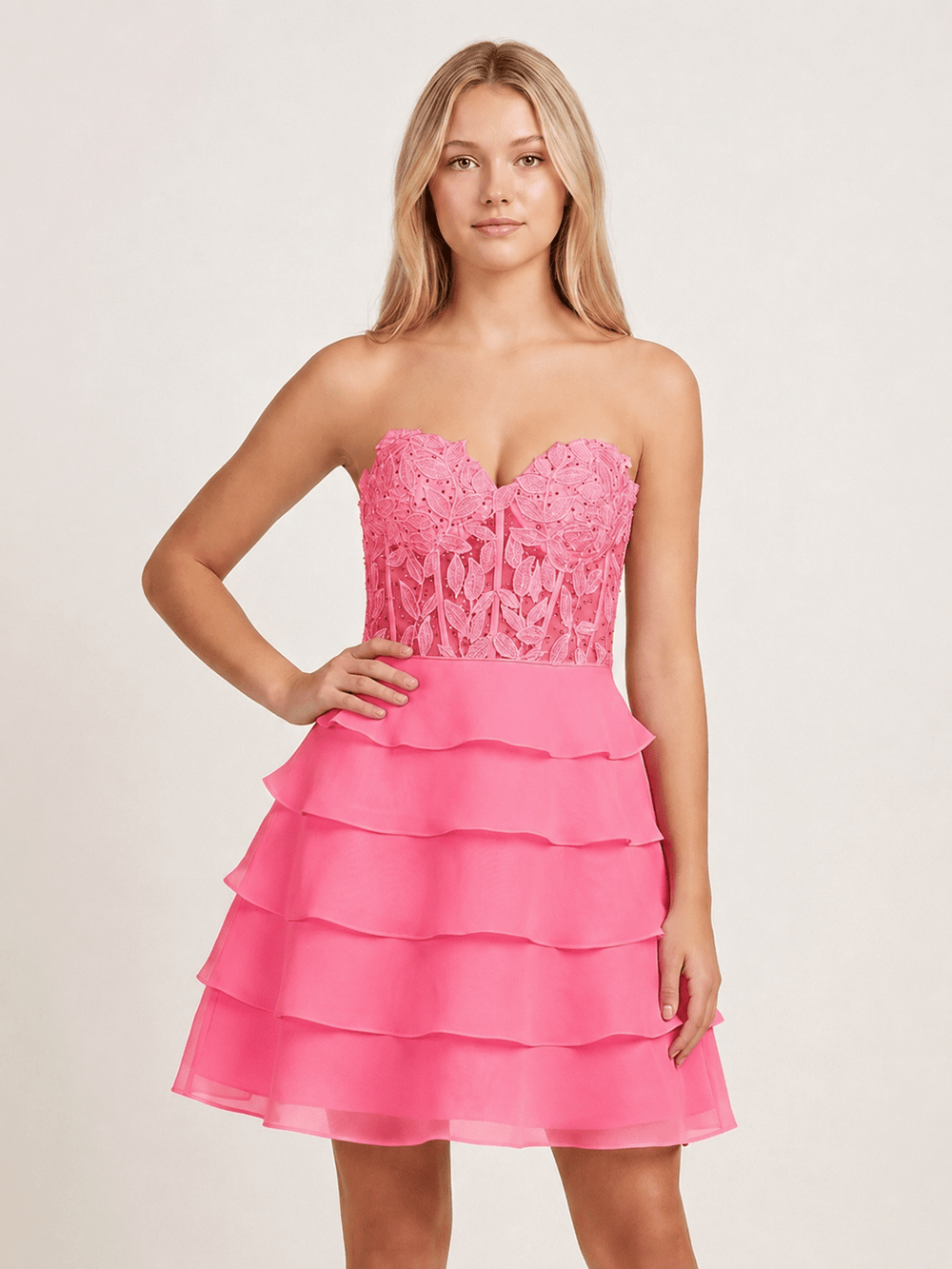 Candy Pink A-Line Strapless Tiered Corset Short Homecoming Dress with Appliques - KISSPROM