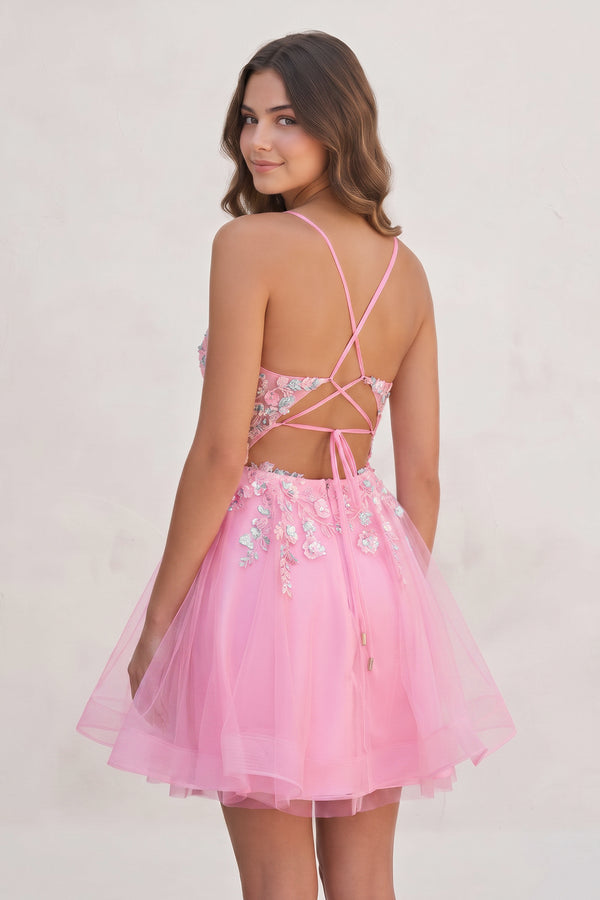 Candy Pink A Line V Neck Tulle Sequined Homecoming Dresses with Appliques (2) | KISSPROM
