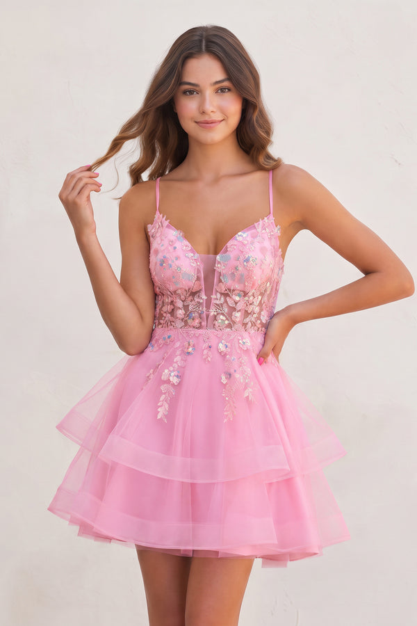 Candy Pink A Line V Neck Tulle Sequined Homecoming Dresses with Appliques | KISSPROM