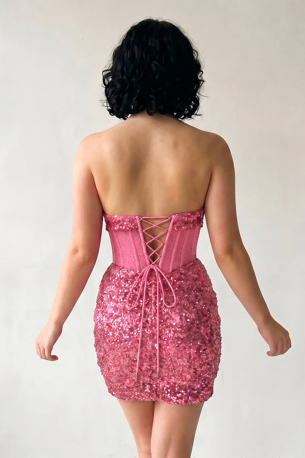 Candy Pink Bodycon Sparkly Strapless Sequins Mini Party Dresses (2) | KISSPROM