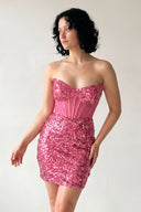 Candy Pink Bodycon Sparkly Strapless Sequins Mini Party Dresses | KISSPROM