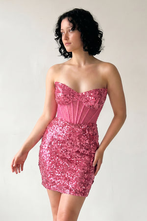 Candy Pink Bodycon Sparkly Strapless Sequins Mini Party Dresses | KISSPROM