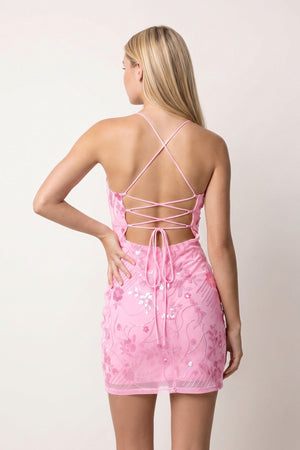 Candy Pink Cami Straps Sheath Floral Embroidery Tulle Homecoming Dress (2) | KISSPROM