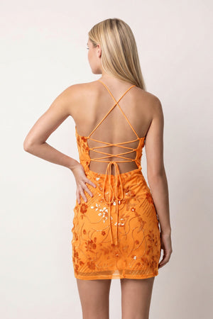 Orange Cami Straps Sheath Floral Embroidery Tulle Homecoming Dress (2) | KISSPROM