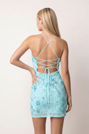Blue Cami Straps Sheath Floral Embroidery Tulle Homecoming Dress (2) | KISSPROM