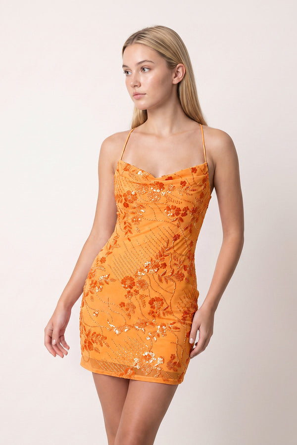 Orange Cami Straps Sheath Floral Embroidery Tulle Homecoming Dress | KISSPROM