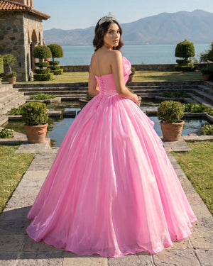 Candy Pink Elegant Organza Strapless Quinceanera Dresses (2) | KISSPROM