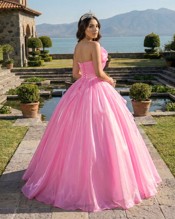 Candy Pink Elegant Organza Strapless Quinceanera Dresses (2) | KISSPROM