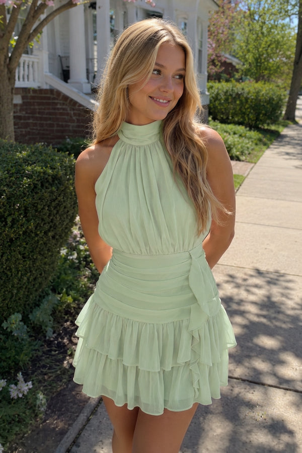 Sage Green Halter Chiffon Tiered Ruffled A-Line Homecoming Dress | KISSPROM