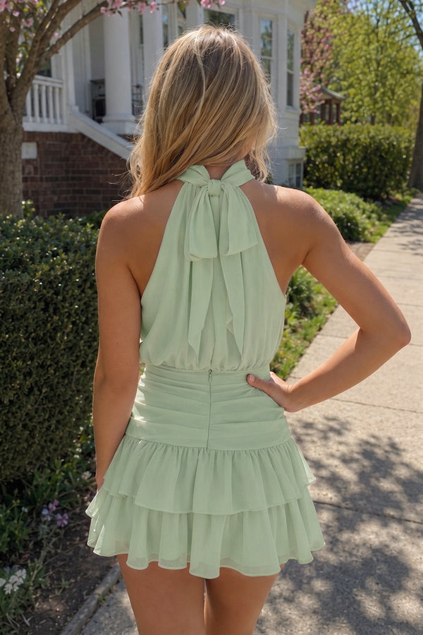 Sage Green Halter Chiffon Tiered Ruffled A-Line Homecoming Dress | KISSPROM