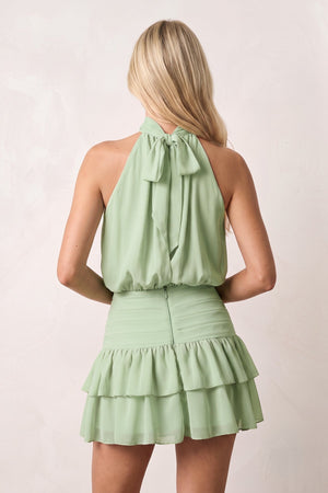 Sage Green Halter Chiffon Tiered Ruffled A-Line Homecoming Dress | KISSPROM
