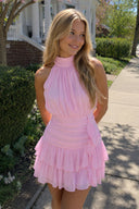 Candy Pink Halter Chiffon Tiered Ruffled A-Line Homecoming Dress | KISSPROM