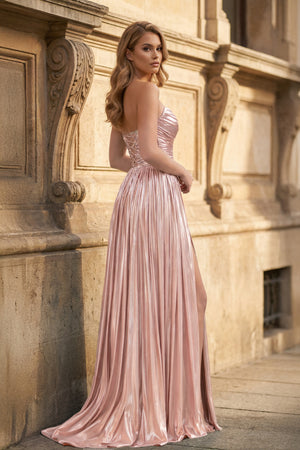 Green Metallic Sweetheart Pleated A-Line Long Prom Dresses - KISSPROM PROM DRESSES