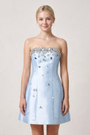 Sky Blue Rhinestones Satin Strapless A-Line Homecoming Dress | KISSPROM