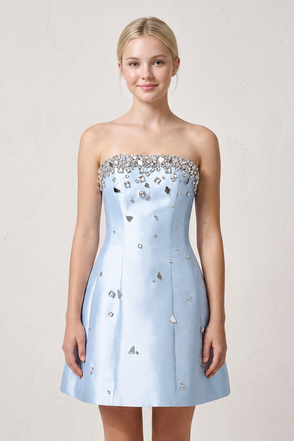 Sky Blue Rhinestones Satin Strapless A-Line Homecoming Dress | KISSPROM