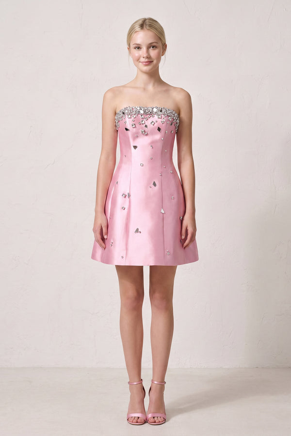 Candy Pink Rhinestones Satin Strapless A-Line Homecoming Dress (2) | KISSPROM