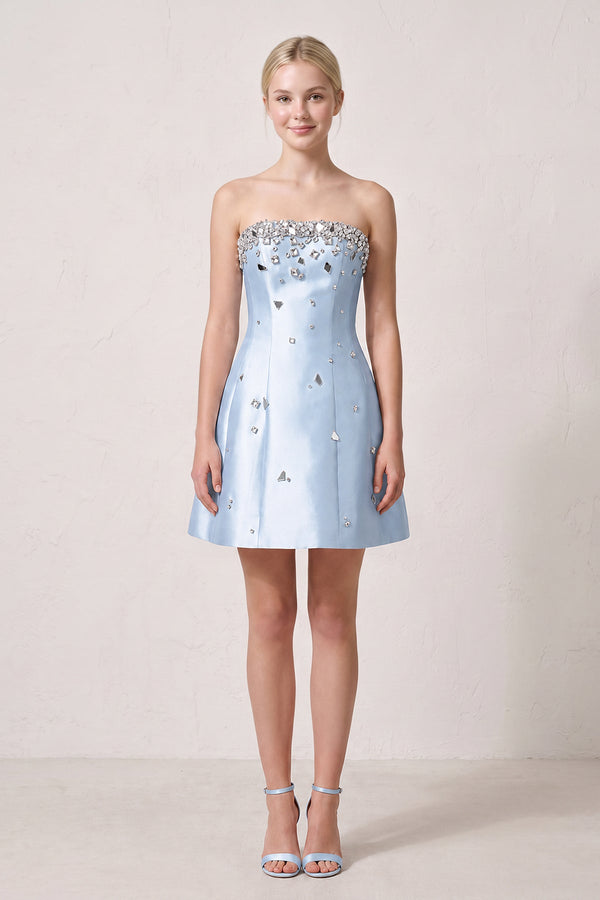 Sky Blue Rhinestones Satin Strapless A-Line Homecoming Dress (2) | KISSPROM