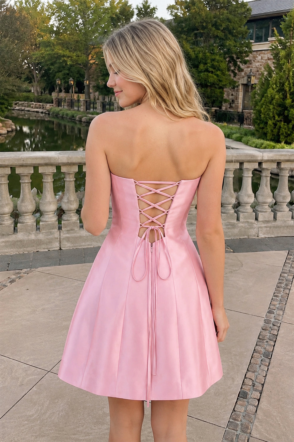 Candy Pink Rhinestones Satin Strapless A-Line Homecoming Dress | KISSPROM